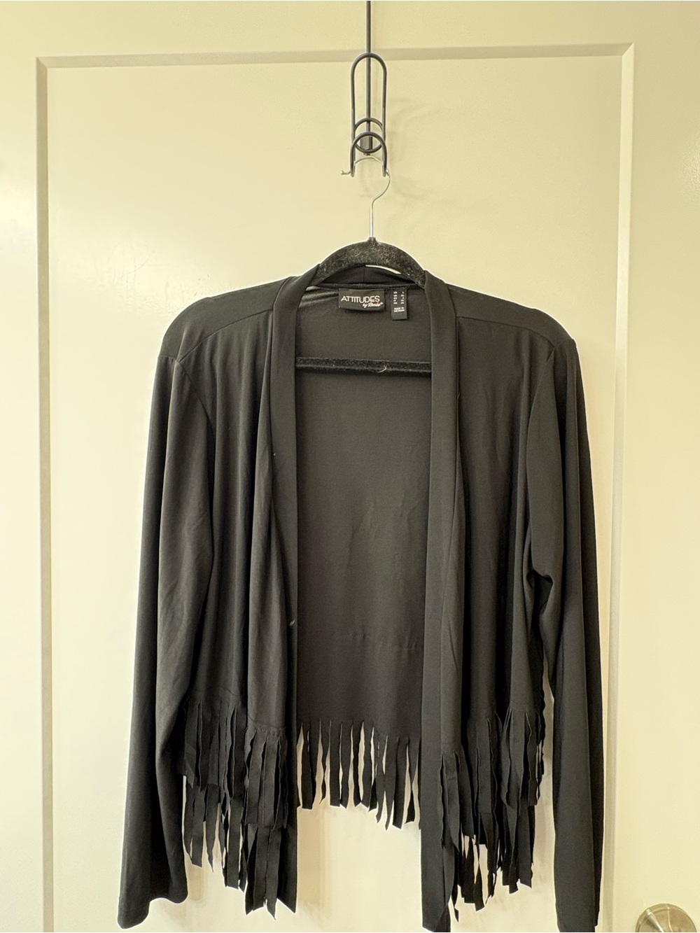 Attitudes by Renee Black Knit V-Neck Open Front Fringe Cardigan SZ L